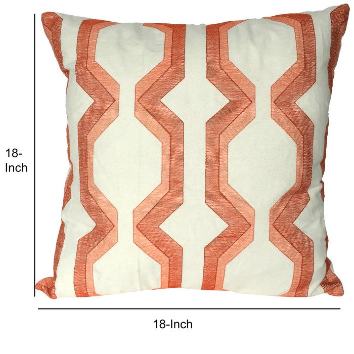 Contemporary Cotton Pillow with Geometric Embroidery, Red and White