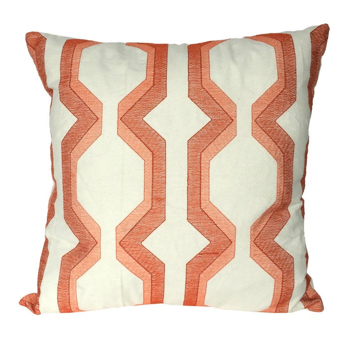 Contemporary Cotton Pillow with Geometric Embroidery, Red and White