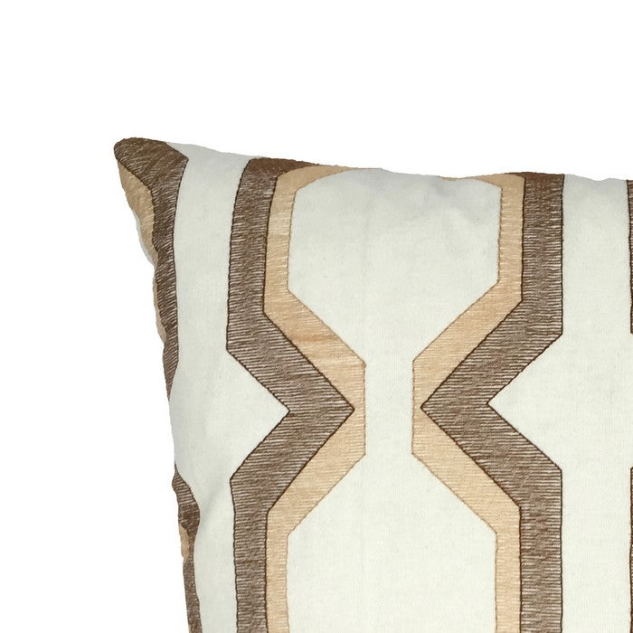 Contemporary Cotton Pillow with Geometric Embroidery, Brown and White
