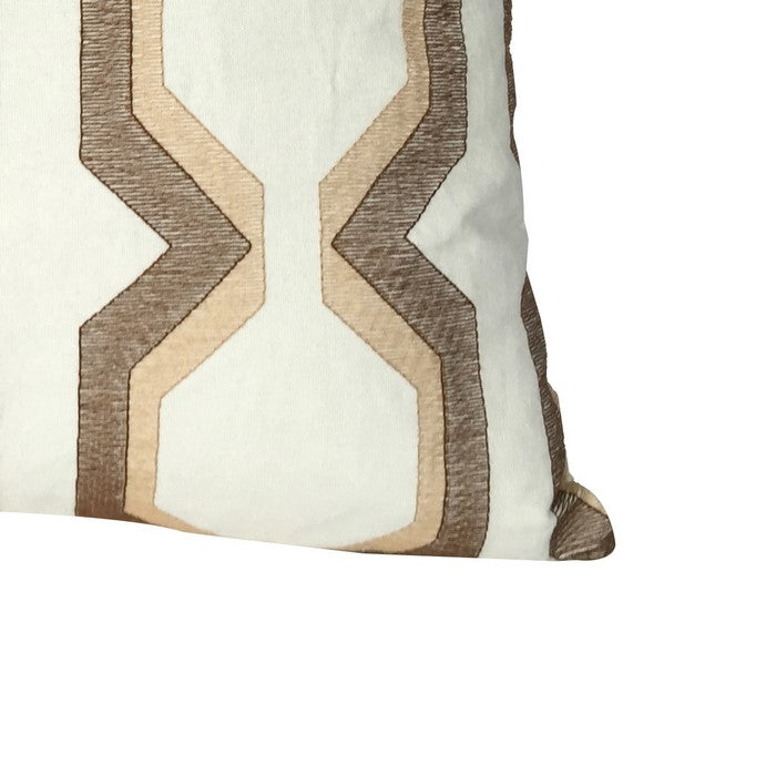 Contemporary Cotton Pillow with Geometric Embroidery, Brown and White