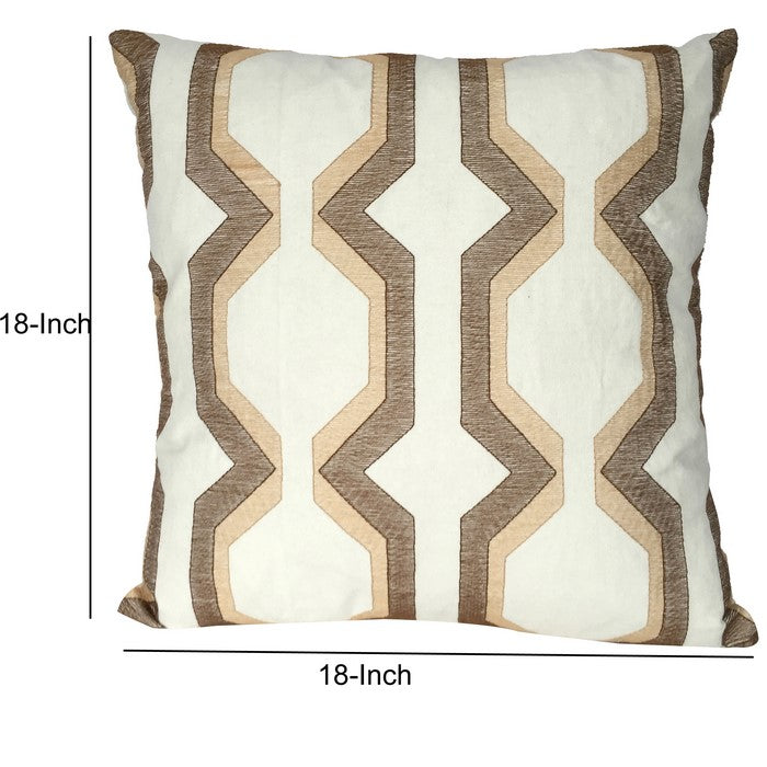 Contemporary Cotton Pillow with Geometric Embroidery, Brown and White