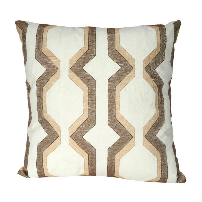 Contemporary Cotton Pillow with Geometric Embroidery, Brown and White