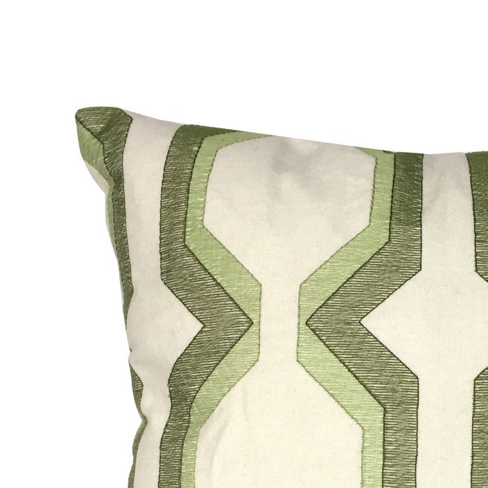 Contemporary Cotton Pillow with Geometric Embroidery, Green and White