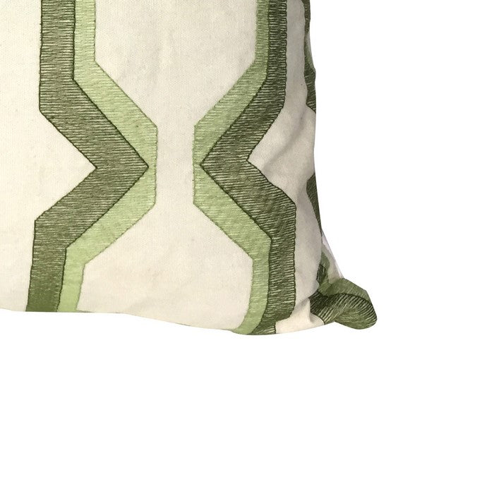 Contemporary Cotton Pillow with Geometric Embroidery, Green and White