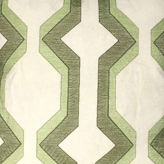 Contemporary Cotton Pillow with Geometric Embroidery, Green and White