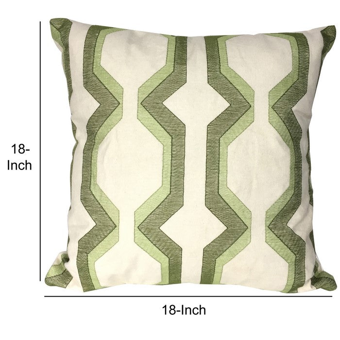Contemporary Cotton Pillow with Geometric Embroidery, Green and White