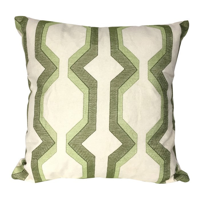 Contemporary Cotton Pillow with Geometric Embroidery, Green and White