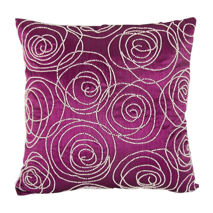 Faux Silk Cotton Pillow with Pearl Beads, Purple and Silver,