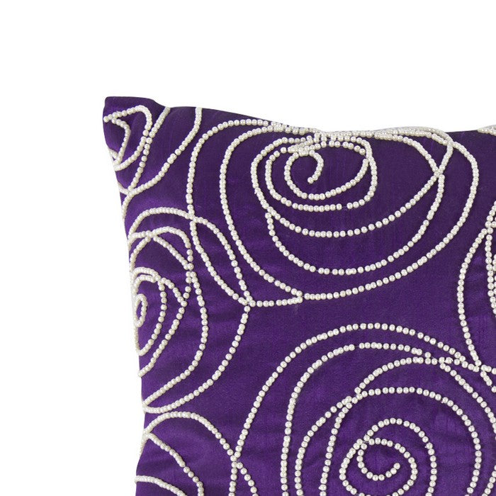 Designer Faux Silk Cotton Pillow with Pearl Beads, Purple and Silver,