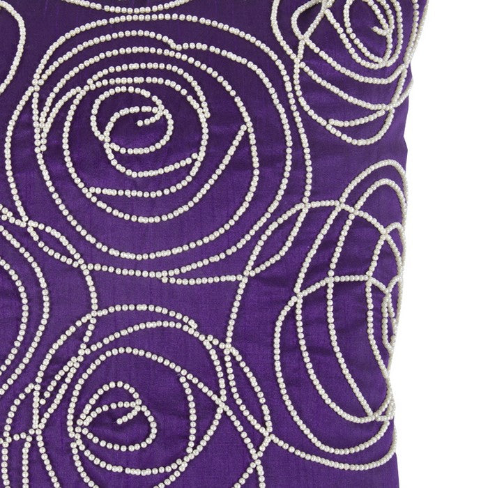 Designer Faux Silk Cotton Pillow with Pearl Beads, Purple and Silver,