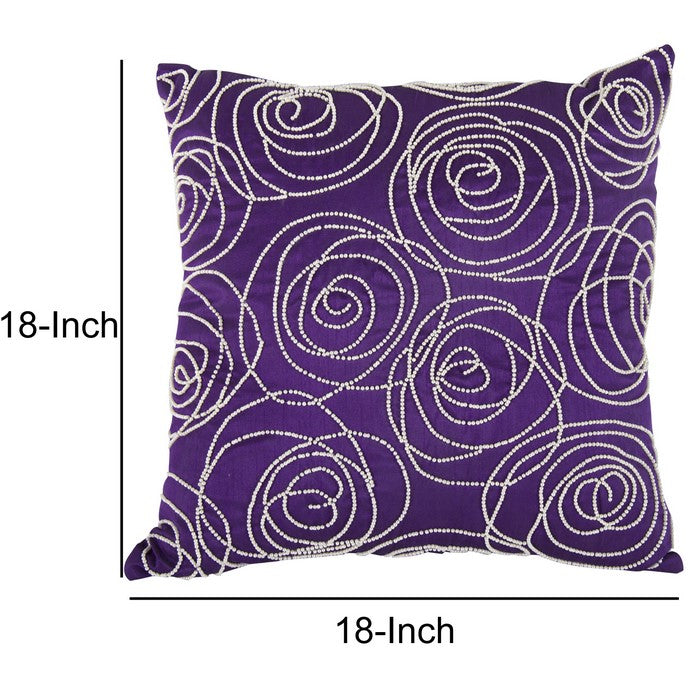 Designer Faux Silk Cotton Pillow with Pearl Beads, Purple and Silver,