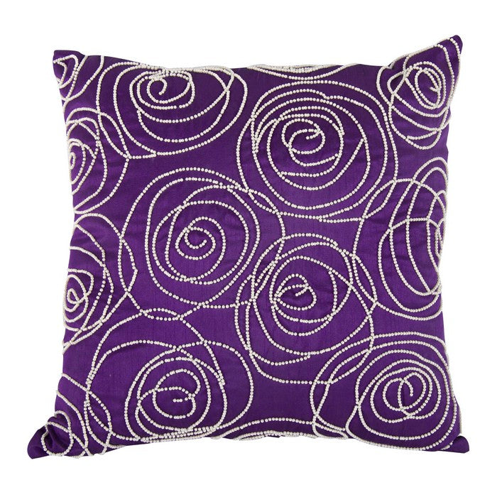 Designer Faux Silk Cotton Pillow with Pearl Beads, Purple and Silver,