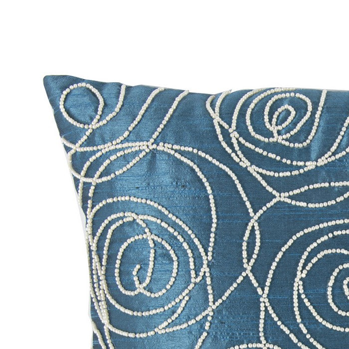Faux Silk Cotton Pillow with Pearl Beads, Blue and Silver,