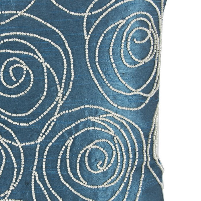 Faux Silk Cotton Pillow with Pearl Beads, Blue and Silver,
