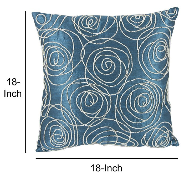 Faux Silk Cotton Pillow with Pearl Beads, Blue and Silver,