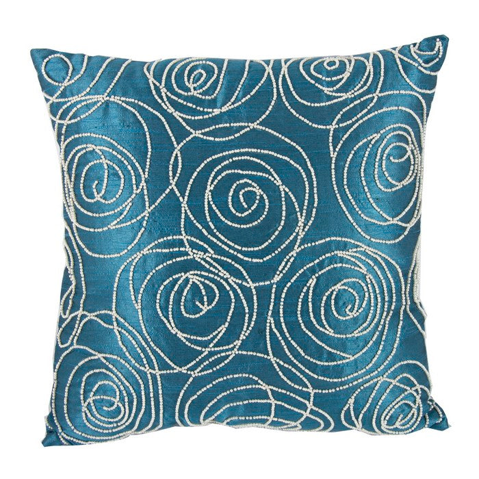 Faux Silk Cotton Pillow with Pearl Beads, Blue and Silver,