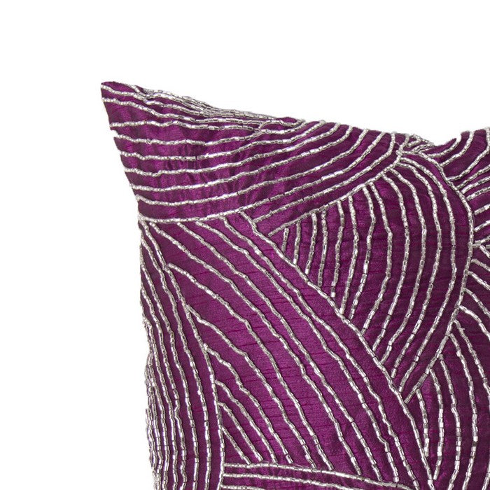 Contemporary Poly Silk Pillow with Geometric Design, Purple and Silver