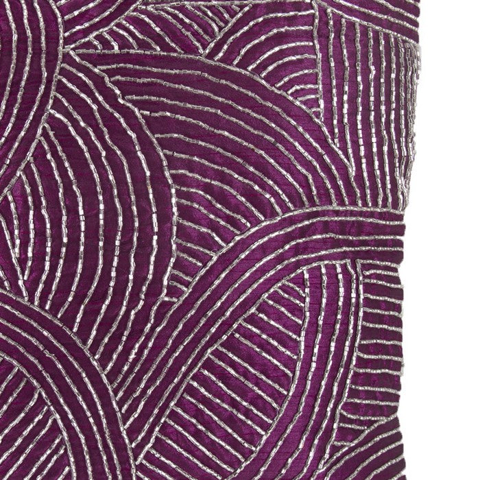 Contemporary Poly Silk Pillow with Geometric Design, Purple and Silver