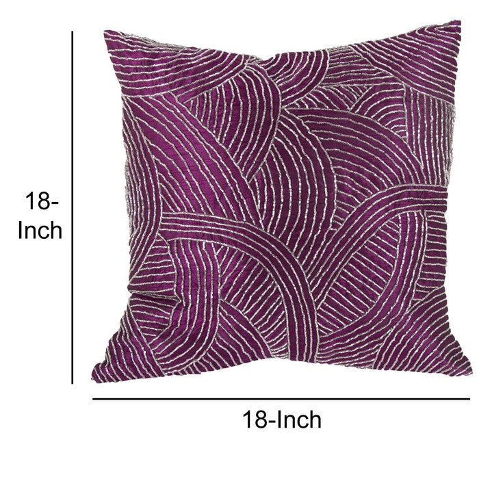 Contemporary Poly Silk Pillow with Geometric Design, Purple and Silver