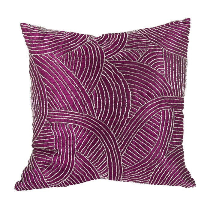 Contemporary Poly Silk Pillow with Geometric Design, Purple and Silver