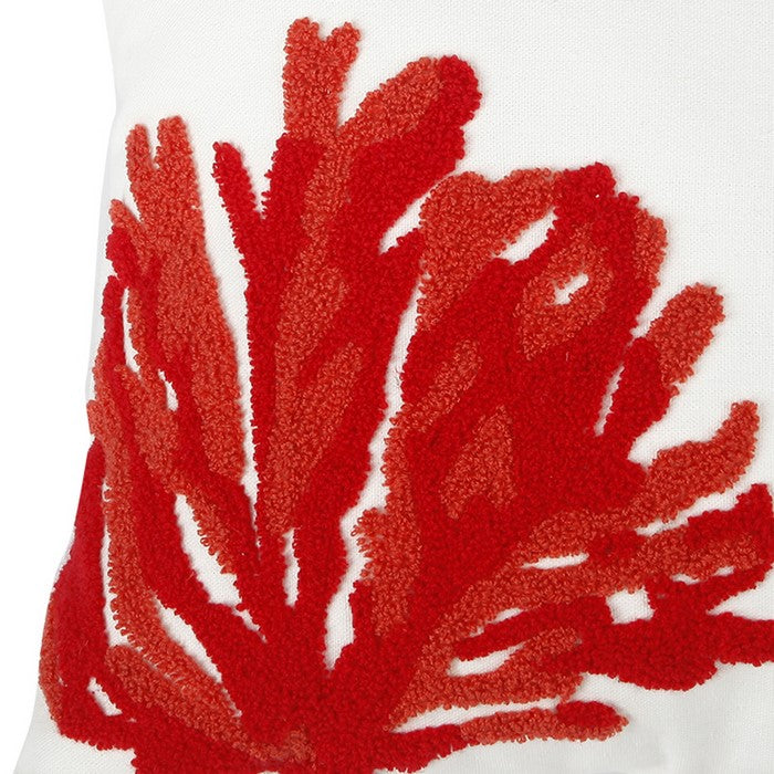 Contemporary Style Pillow with Coral Embroidery, Red and White.