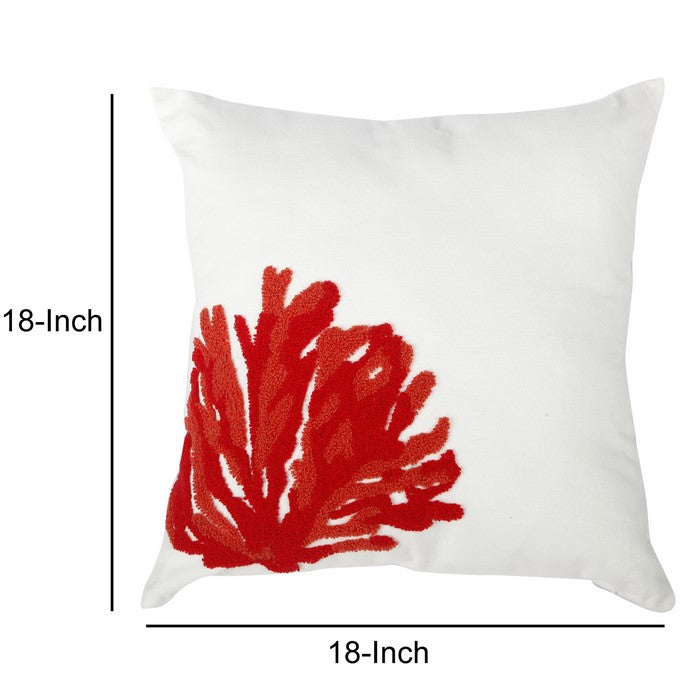 Contemporary Style Pillow with Coral Embroidery, Red and White.