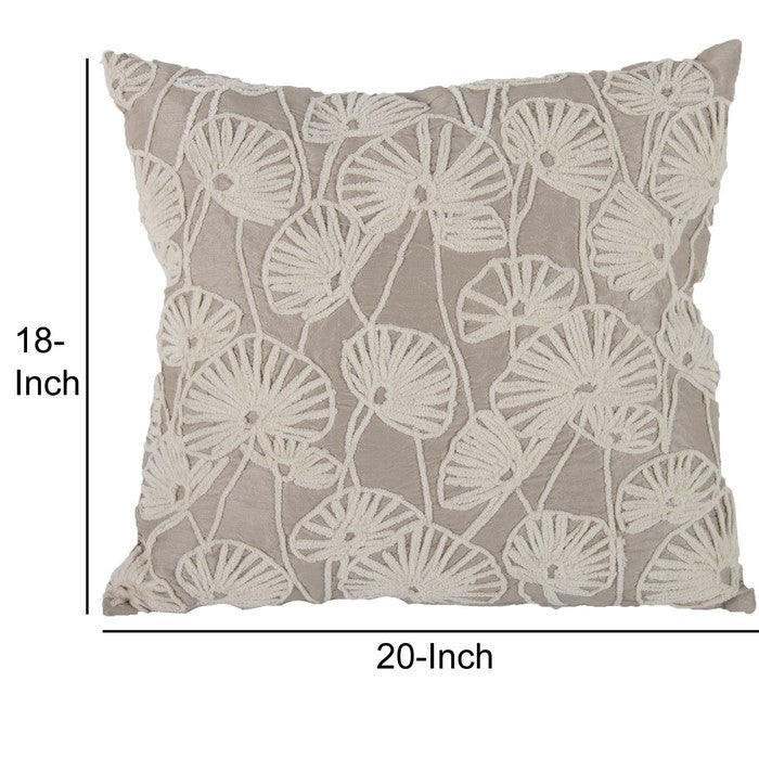 Nature Inspired Poly Dupioni Pillow with Embroidery, Gray and White