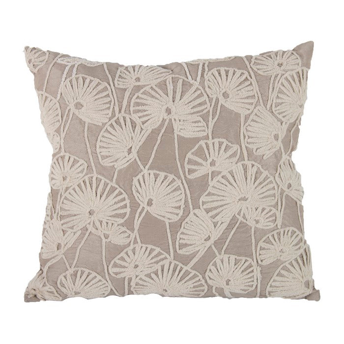 Nature Inspired Poly Dupioni Pillow with Embroidery, Gray and White