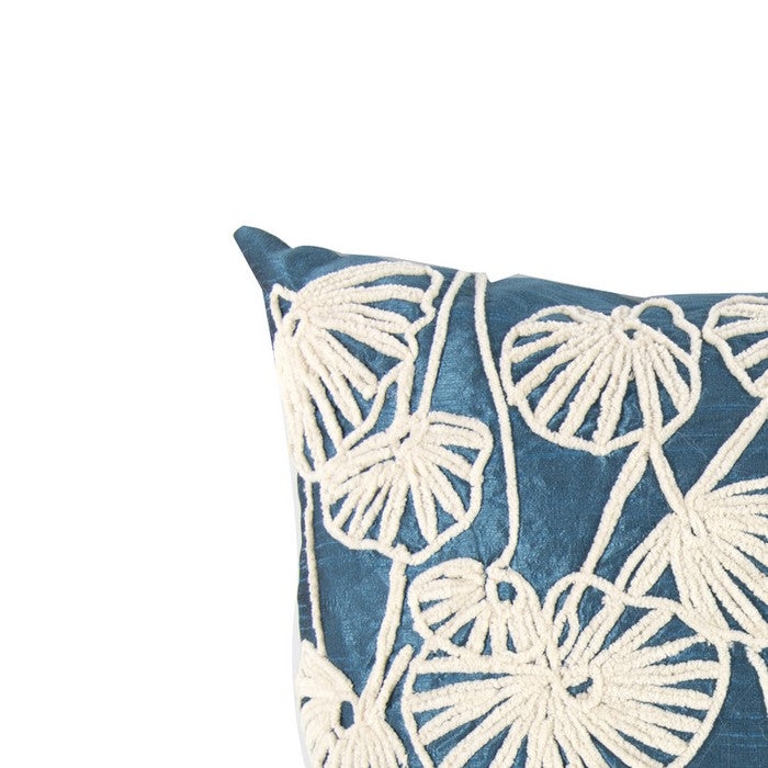 Nature Inspired Poly Dupioni Pillow with Embroidery, Blue and White