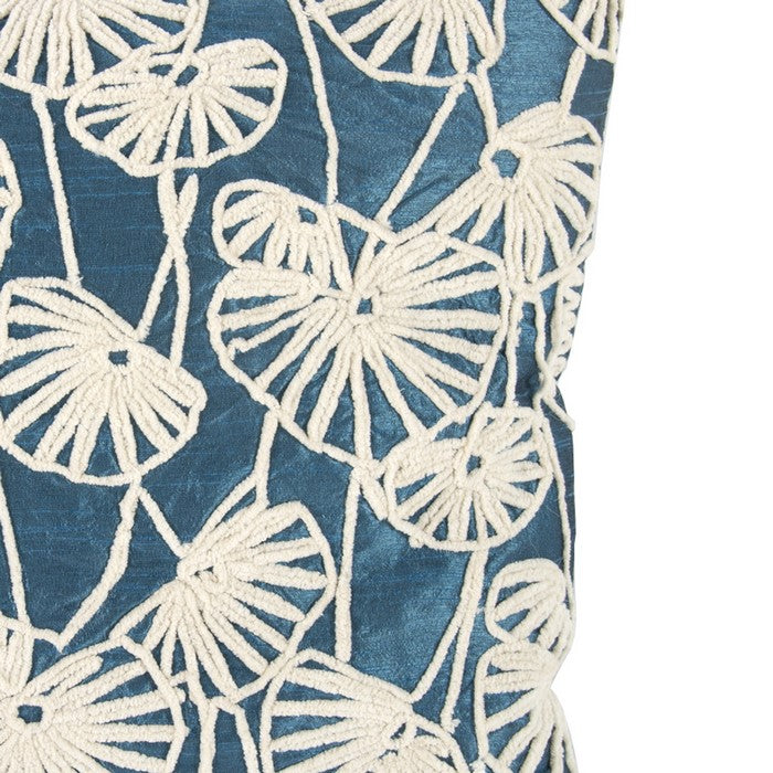 Nature Inspired Poly Dupioni Pillow with Embroidery, Blue and White