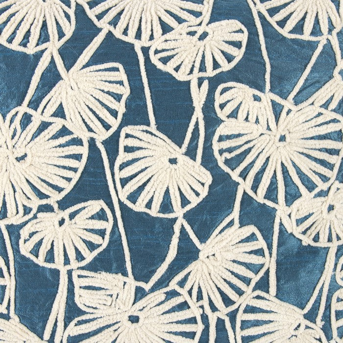 Nature Inspired Poly Dupioni Pillow with Embroidery, Blue and White