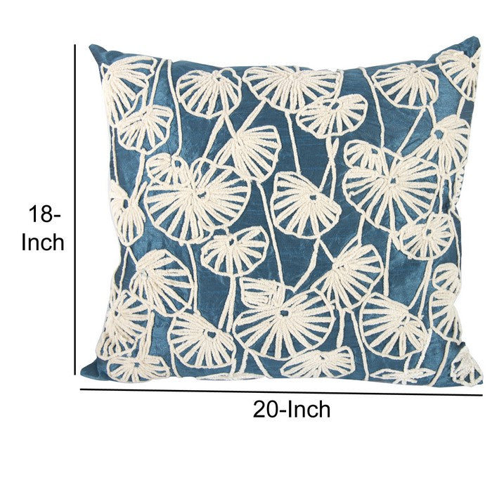 Nature Inspired Poly Dupioni Pillow with Embroidery, Blue and White