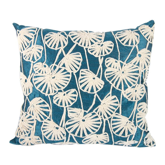 Nature Inspired Poly Dupioni Pillow with Embroidery, Blue and White