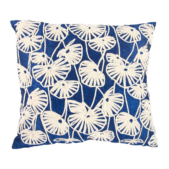 Contemporary Poly Dupioni Pillow with Embroidery, Blue and White