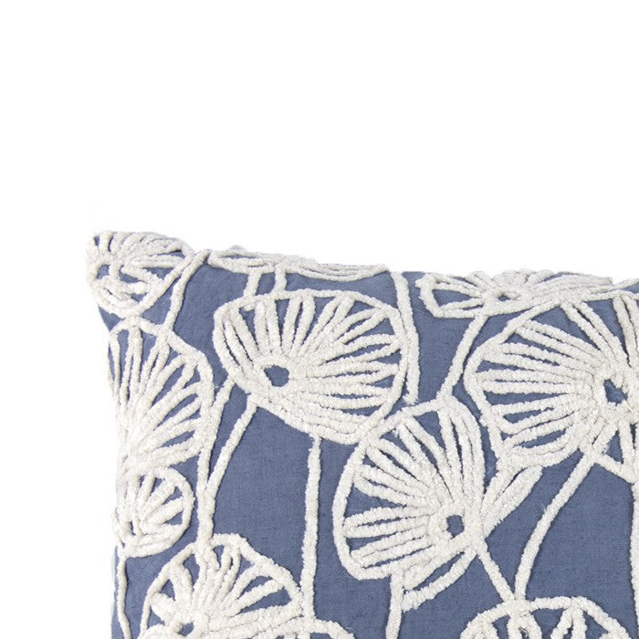 Transitional Cotton Pillow with Floral Embroidery, Blue and White