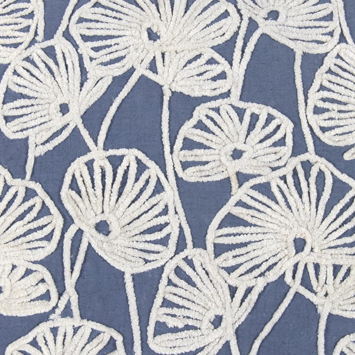 Transitional Cotton Pillow with Floral Embroidery, Blue and White