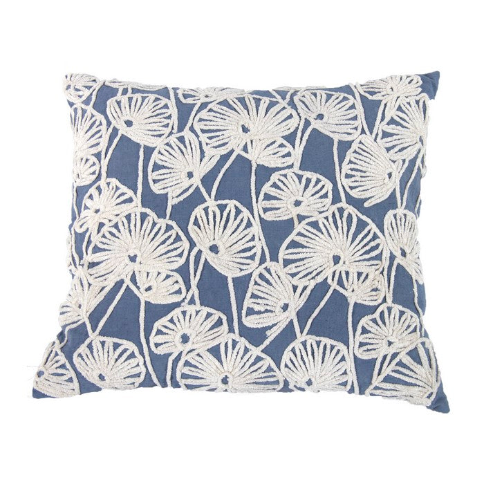 Transitional Cotton Pillow with Floral Embroidery, Blue and White