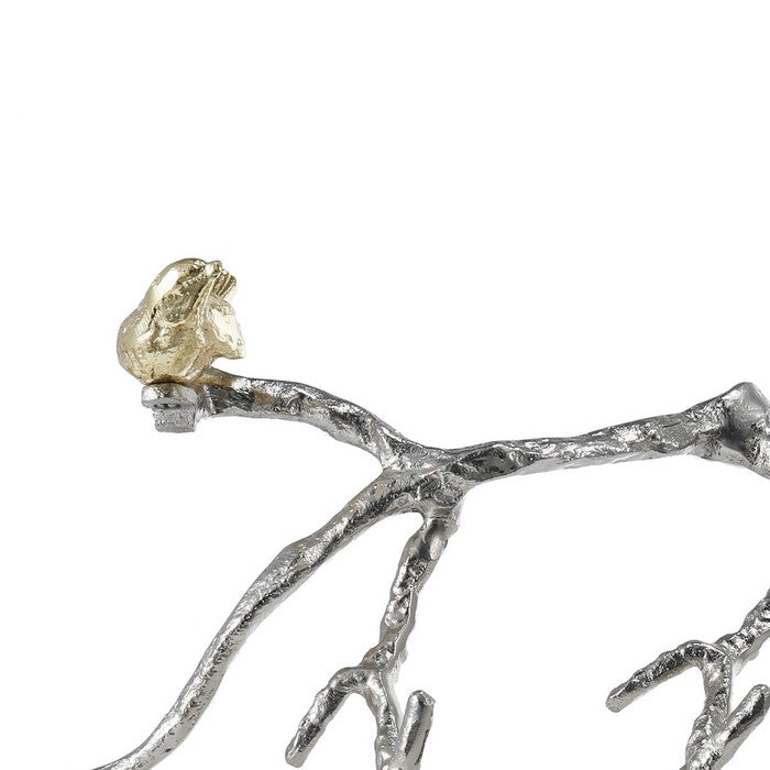 decorative Wall Hook Branch Shaped with Birds Apogee, Silver and Gold