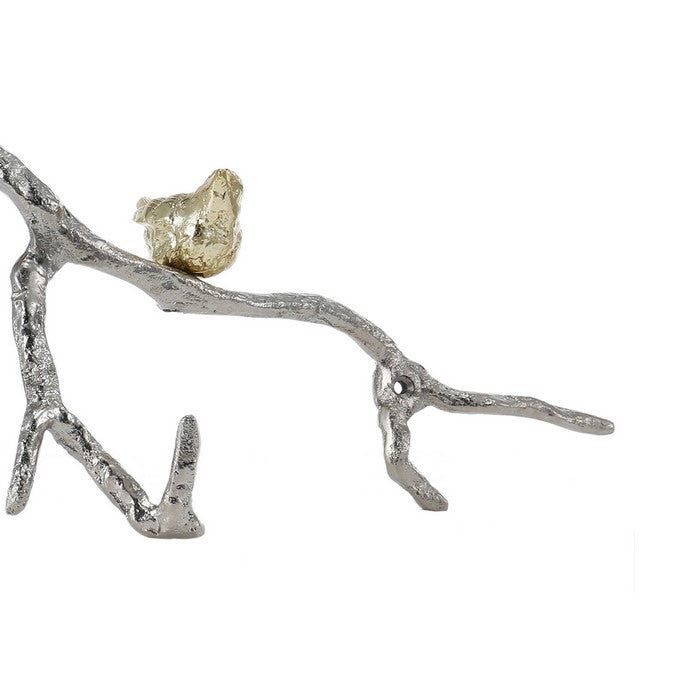 decorative Wall Hook Branch Shaped with Birds Apogee, Silver and Gold