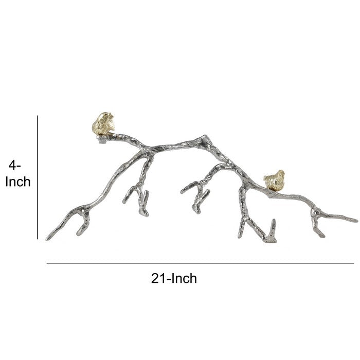 decorative Wall Hook Branch Shaped with Birds Apogee, Silver and Gold