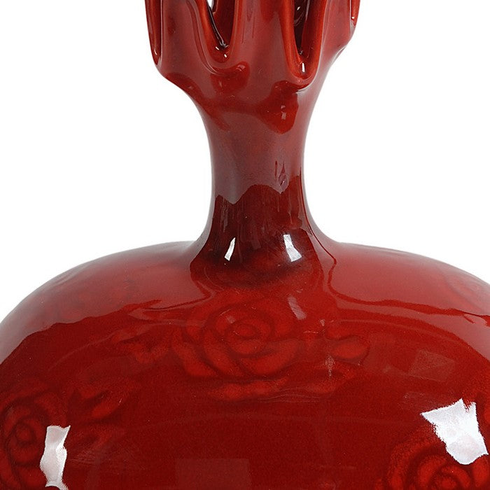 Pomegranate Shaped Vase with Narrow Neck and Motif, Red