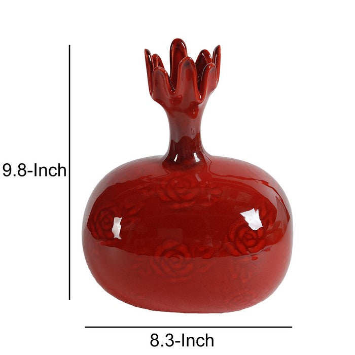Pomegranate Shaped Vase with Narrow Neck and Motif, Red