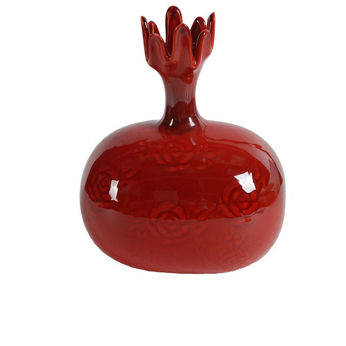 Pomegranate Shaped Vase with Narrow Neck and Motif, Red