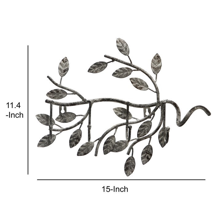Branch Shaped Wall Hook with Leaves Accent, Gray