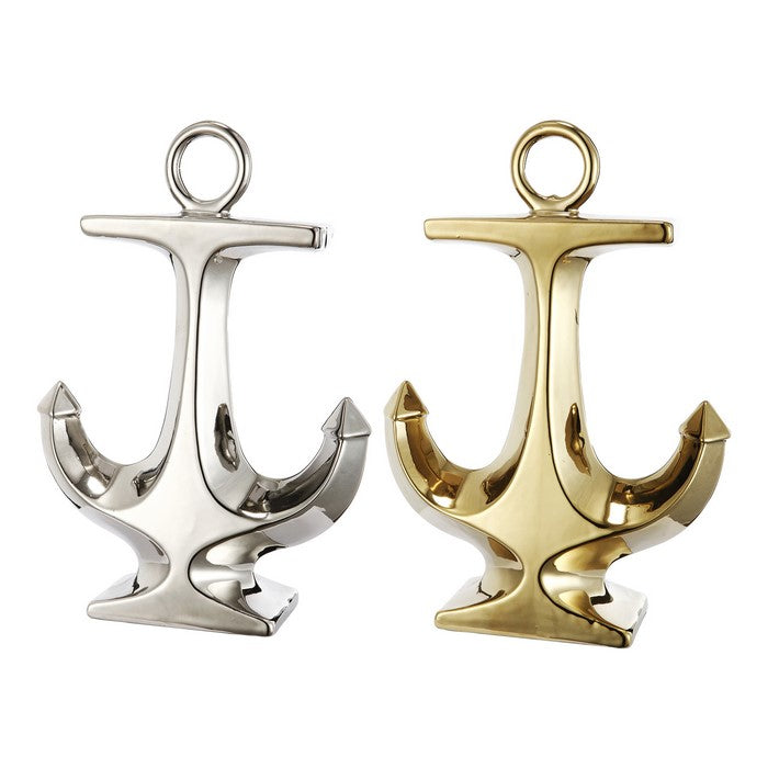 Nautical Ceramic Ship AnchorDecor, Set of 2, Gold and Silver