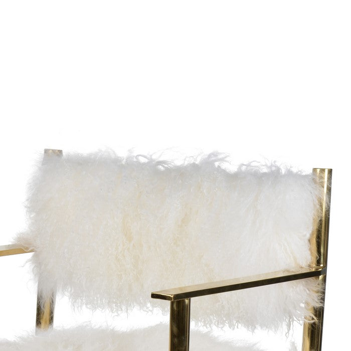 Metal Directors Chair with Faux Fur Upholstery, Gold and White