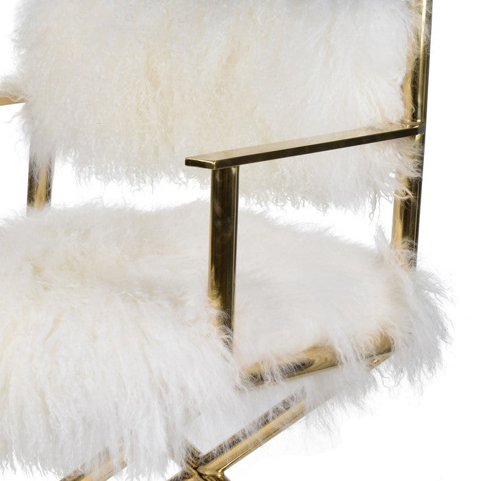 Metal Directors Chair with Faux Fur Upholstery, Gold and White