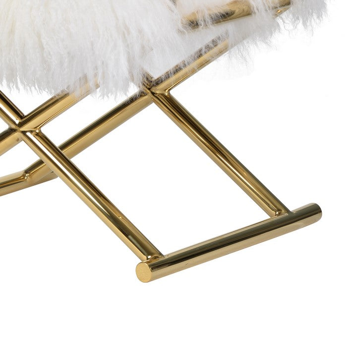 Metal Directors Chair with Faux Fur Upholstery, Gold and White