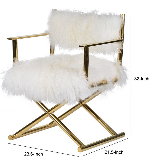 Metal Directors Chair with Faux Fur Upholstery, Gold and White
