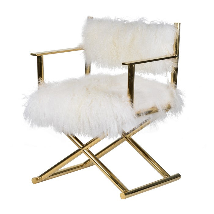 Metal Directors Chair with Faux Fur Upholstery, Gold and White